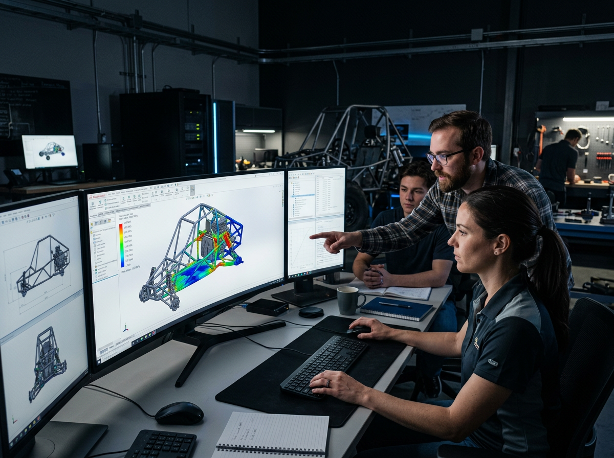 CAD workstation running FEA on a Baja chassis